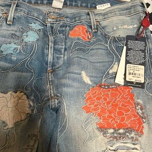 True Relegion destroyed jeans embroidered flowers multi color